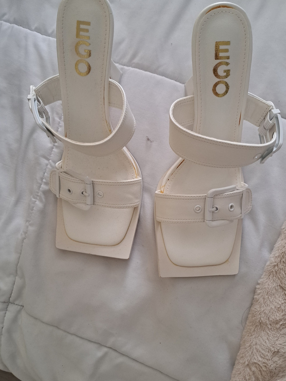 EGO Cream Square-Toe Buckled Heeled Sandals